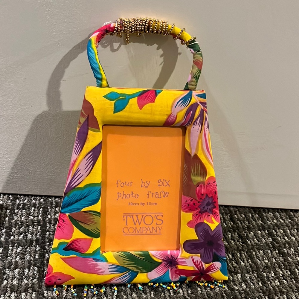 Girls 4x6 picture frame.Floral Multi color w/ handle & beads hanging on bottom